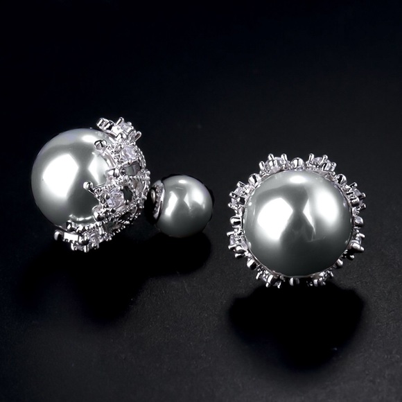 Pearlescent Gray Silver Crystal Pave Double Studs - Picture 6 of 8